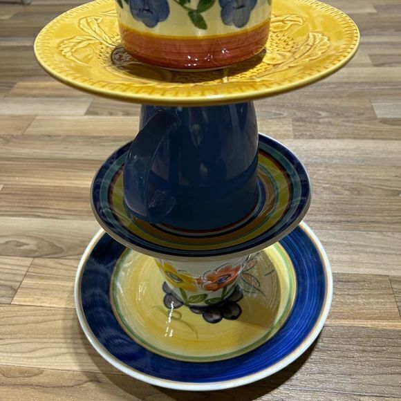 Beautiful Plate Mug Jar Dinnerware Three Tiered Serving‎ Tower Decor Blue Yellow - Picture 4 of 9